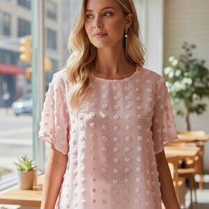 Blooming Lily Blush Pink Swiss Dot Sheer Blouse Medium Feminine Textured Top